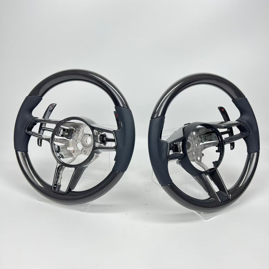 Porsche 718 911 Macan Panamera Cayenne Carbon Fiber Steering Wheel, Shift Paddles & Center Trim