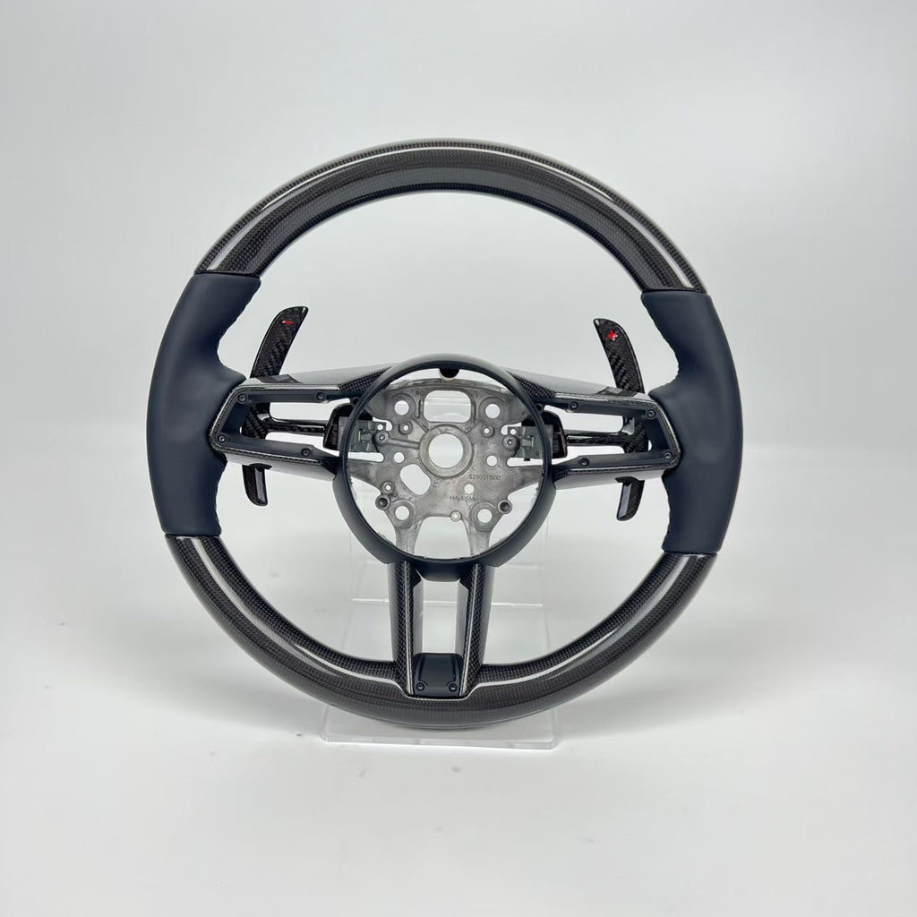 Porsche 718 911 Macan Panamera Cayenne Carbon Fiber Steering Wheel, Shift Paddles & Center Trim
